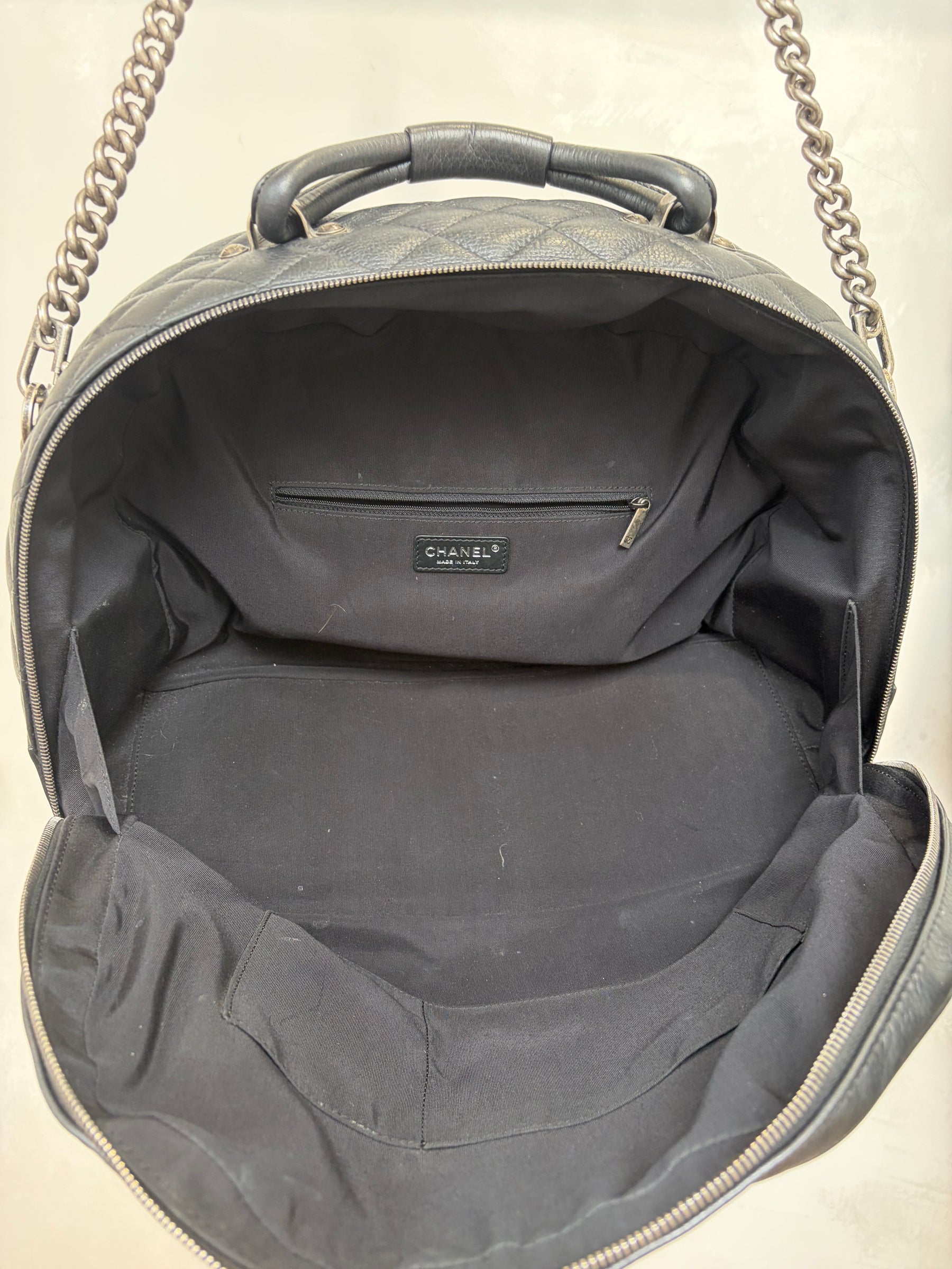 Chanel Black Grained Leather Airlines Round Trip Bowling Bag