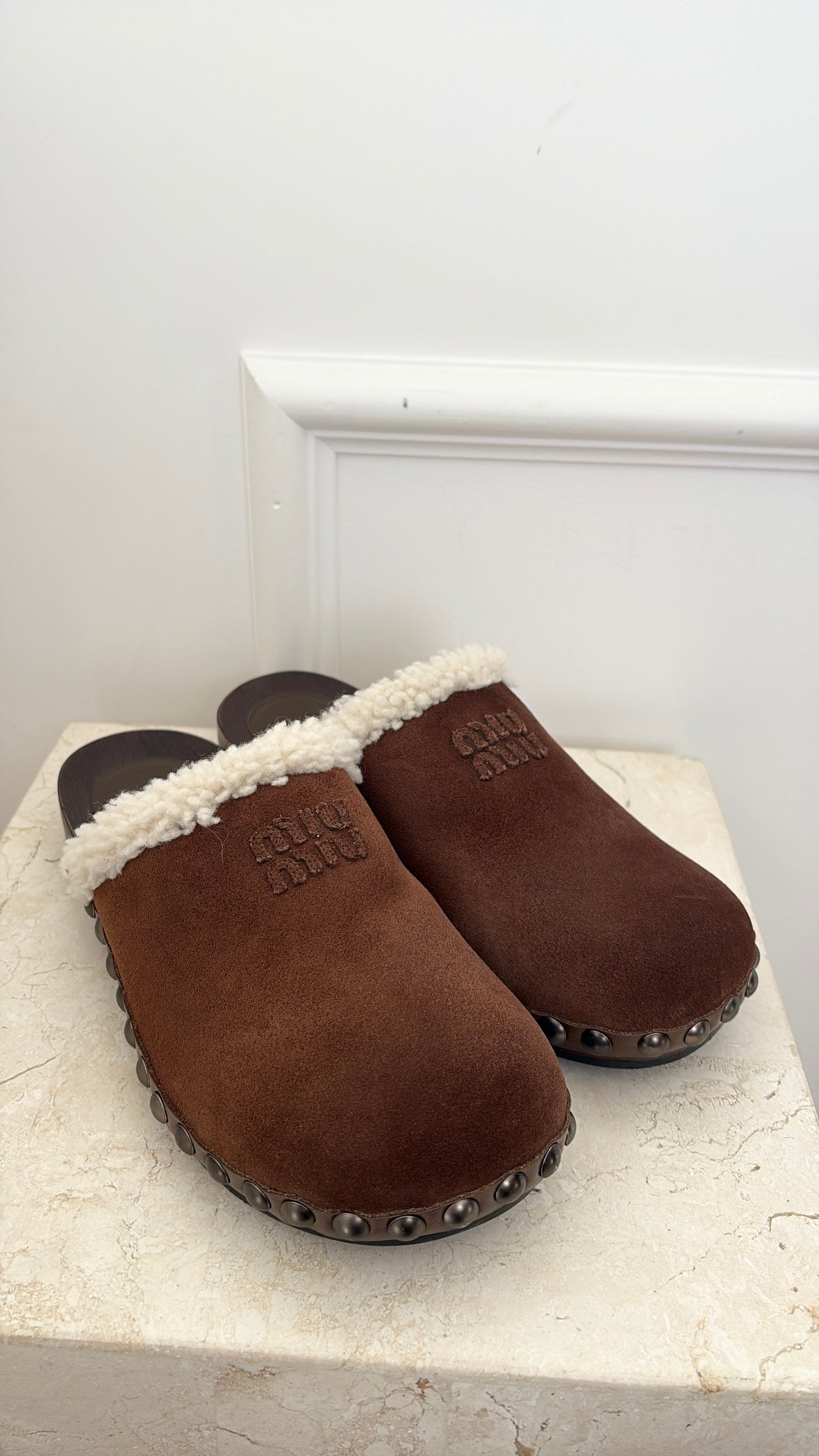 Miu Miu Suede Clogs With Shearling Trim In Cocoa, 37