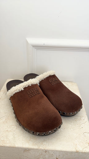 Miu Miu Suede Clogs With Shearling Trim In Cocoa, 37