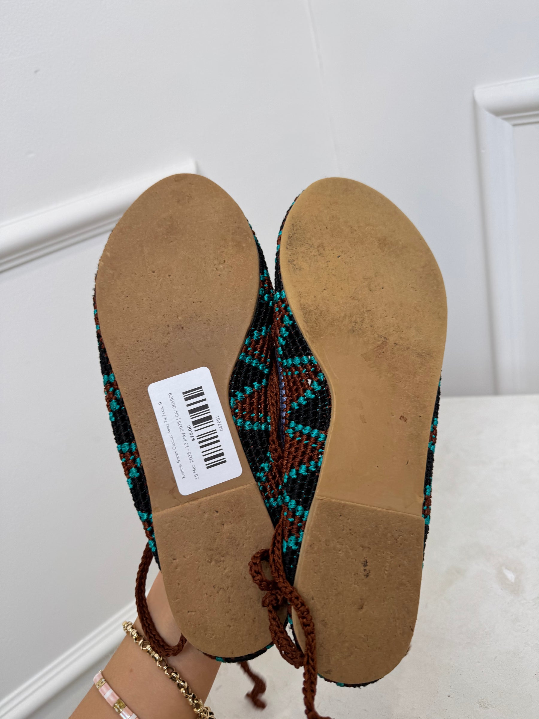 Kashura Brown Crochet Ankle Tie Flats, 9
