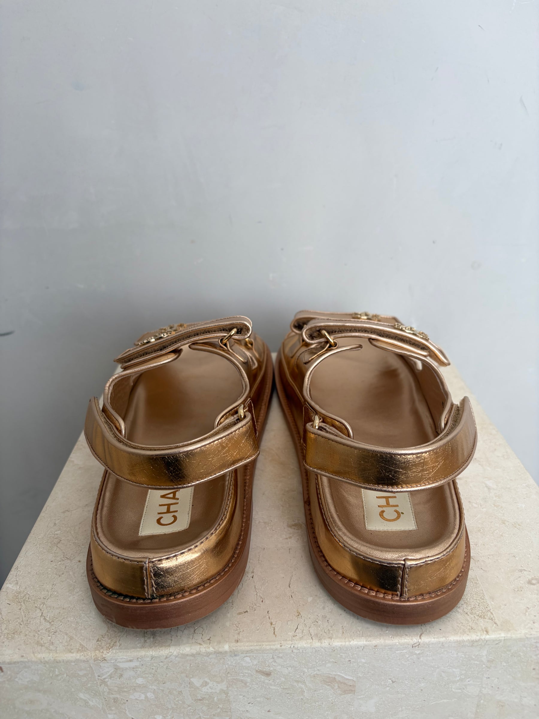 Chanel Rose Gold Leather Dad Sandals, 41.5C