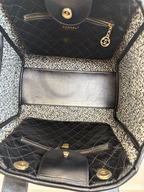 Chanel Black Leather Deauville with Tweed Logo and Lining