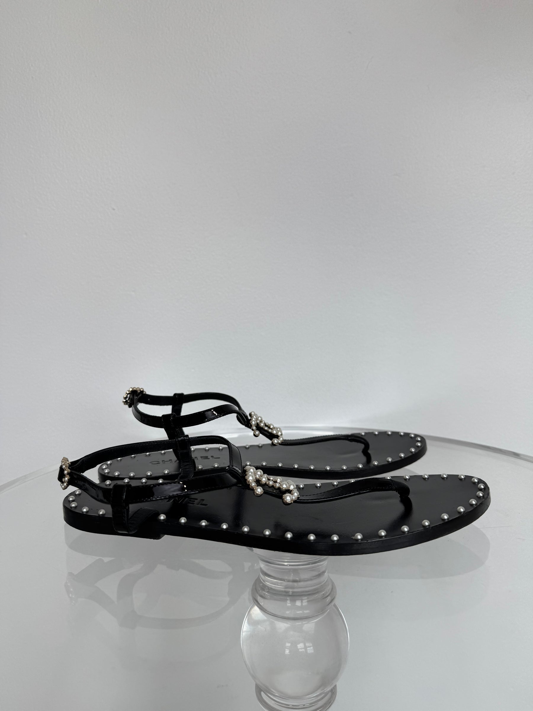 Chanel Black Leather Pearl Embellised Sandals, 38.5C