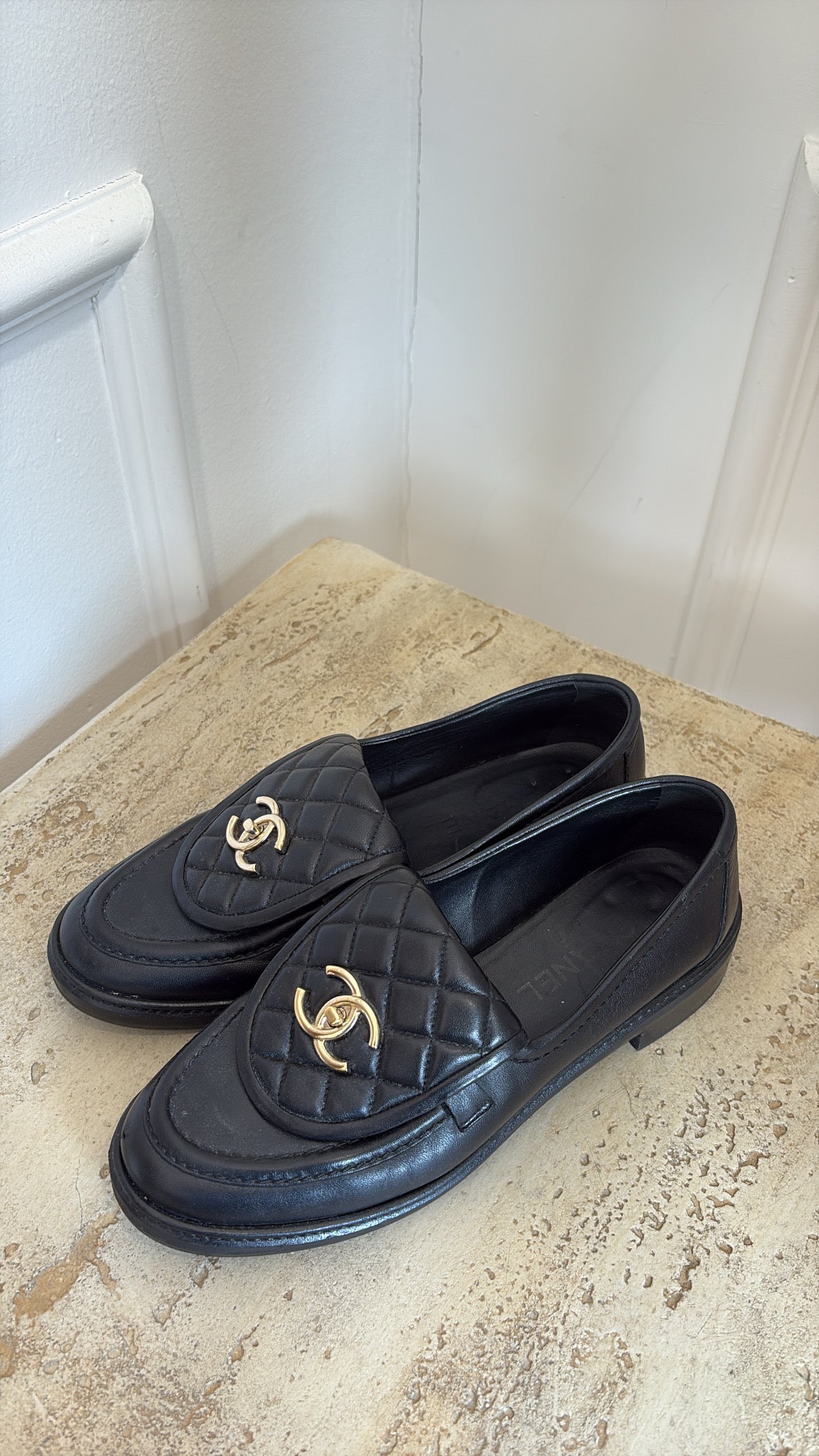 Chanel Black Quilted CC Turn Lock Loafers, 39C