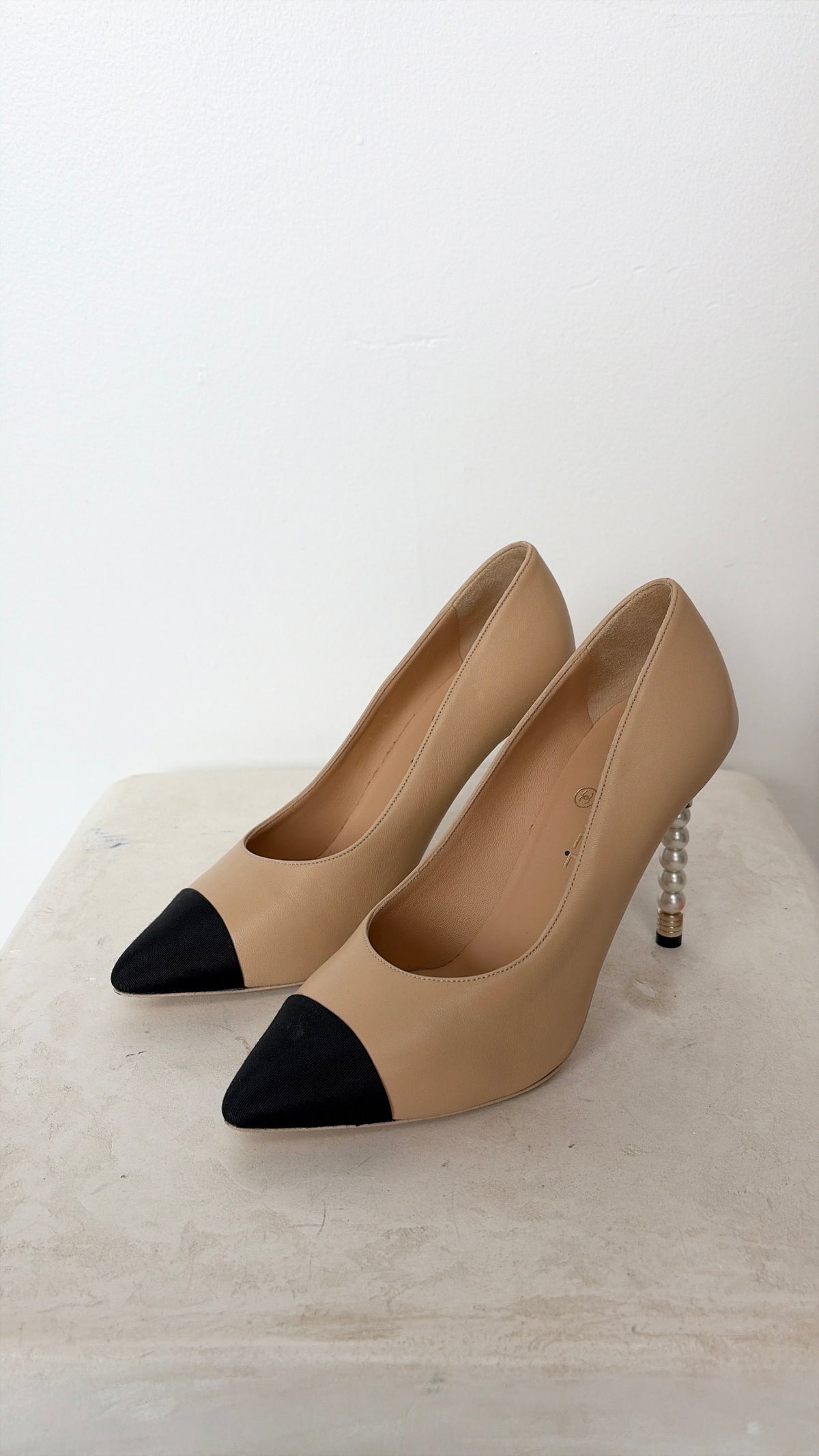 Chanel Beige and Black Pearl Heel Pump, 39 C