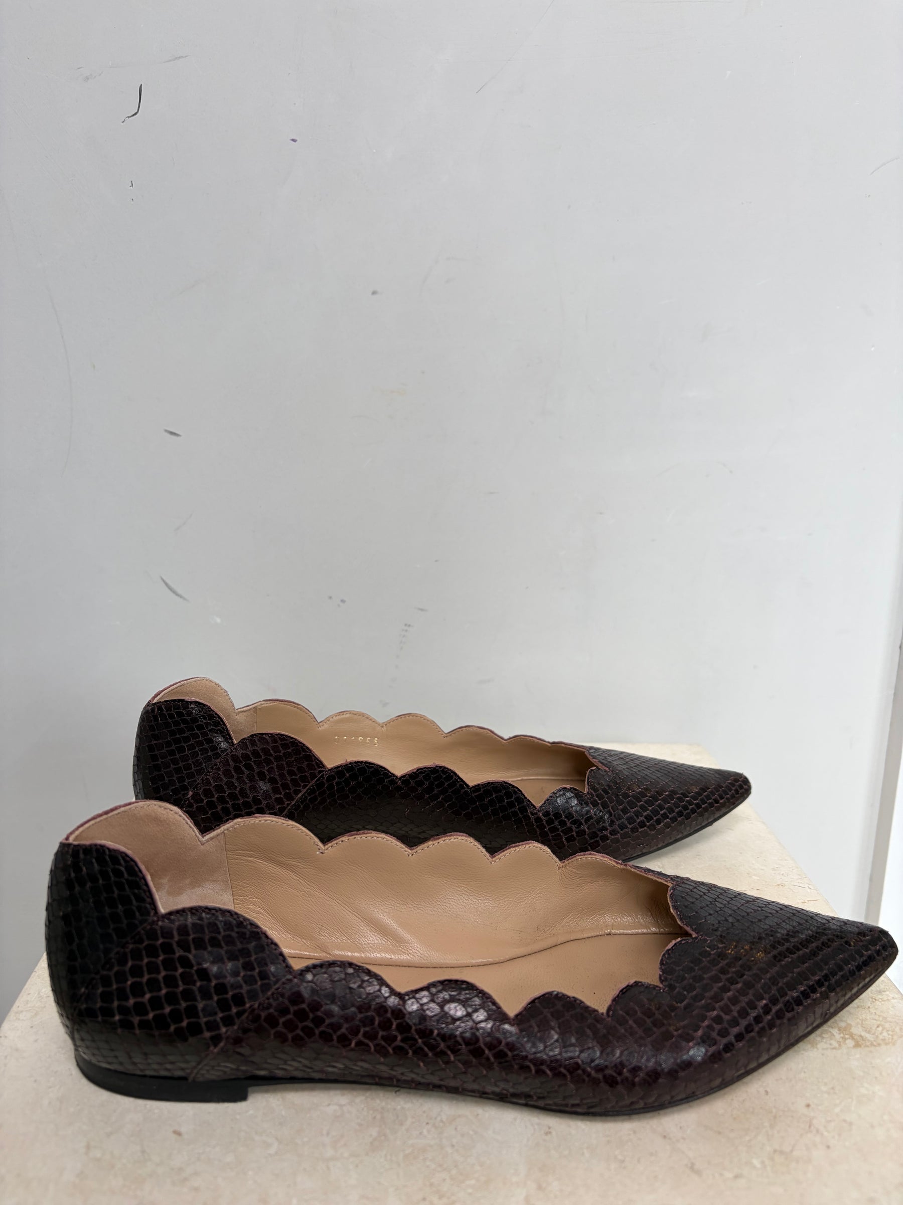 Chloé Plum Python Pointed Scalloped Ballet Flats, 37.5