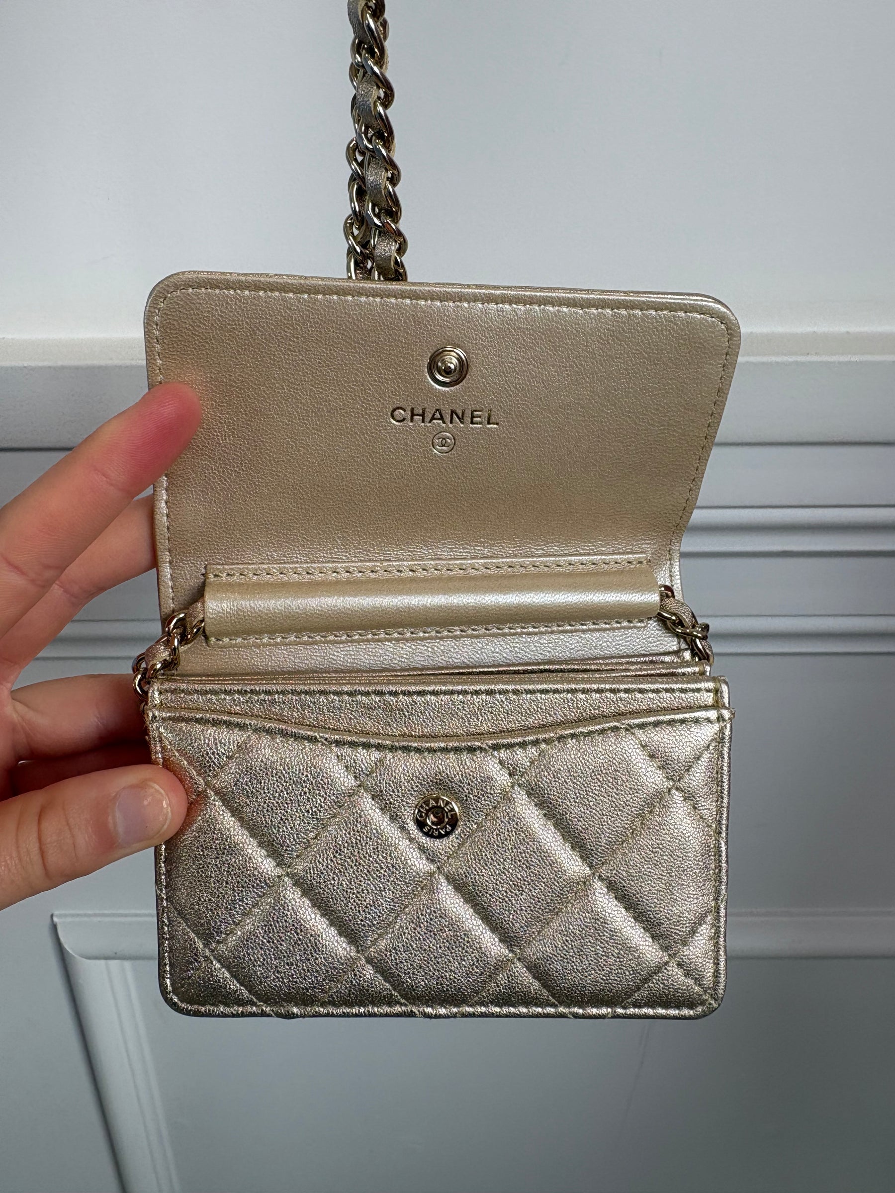 Chanel Gold Leather Camellia Strap Mini Card Holder on Chain