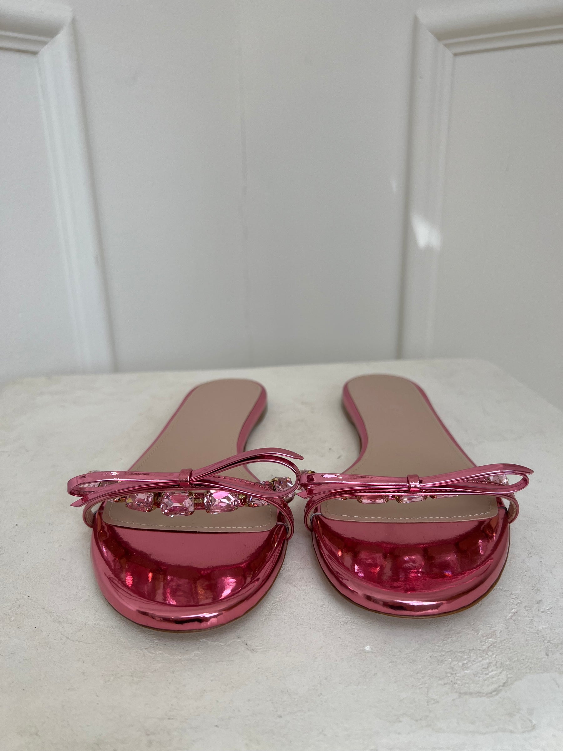 Giambattista Valli Pink Metallic Crystal Bow Slides, 37.5