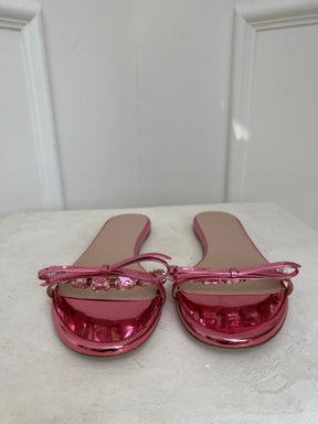 Giambattista Valli Pink Metallic Crystal Bow Slides, 37.5