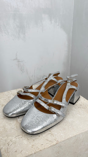 Sézane Silver Crackled Leather Heeled Mary Janes, 38
