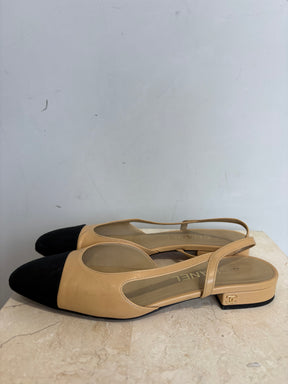 CHANEL Beige Sling Back With Black Toe, 37.5C
