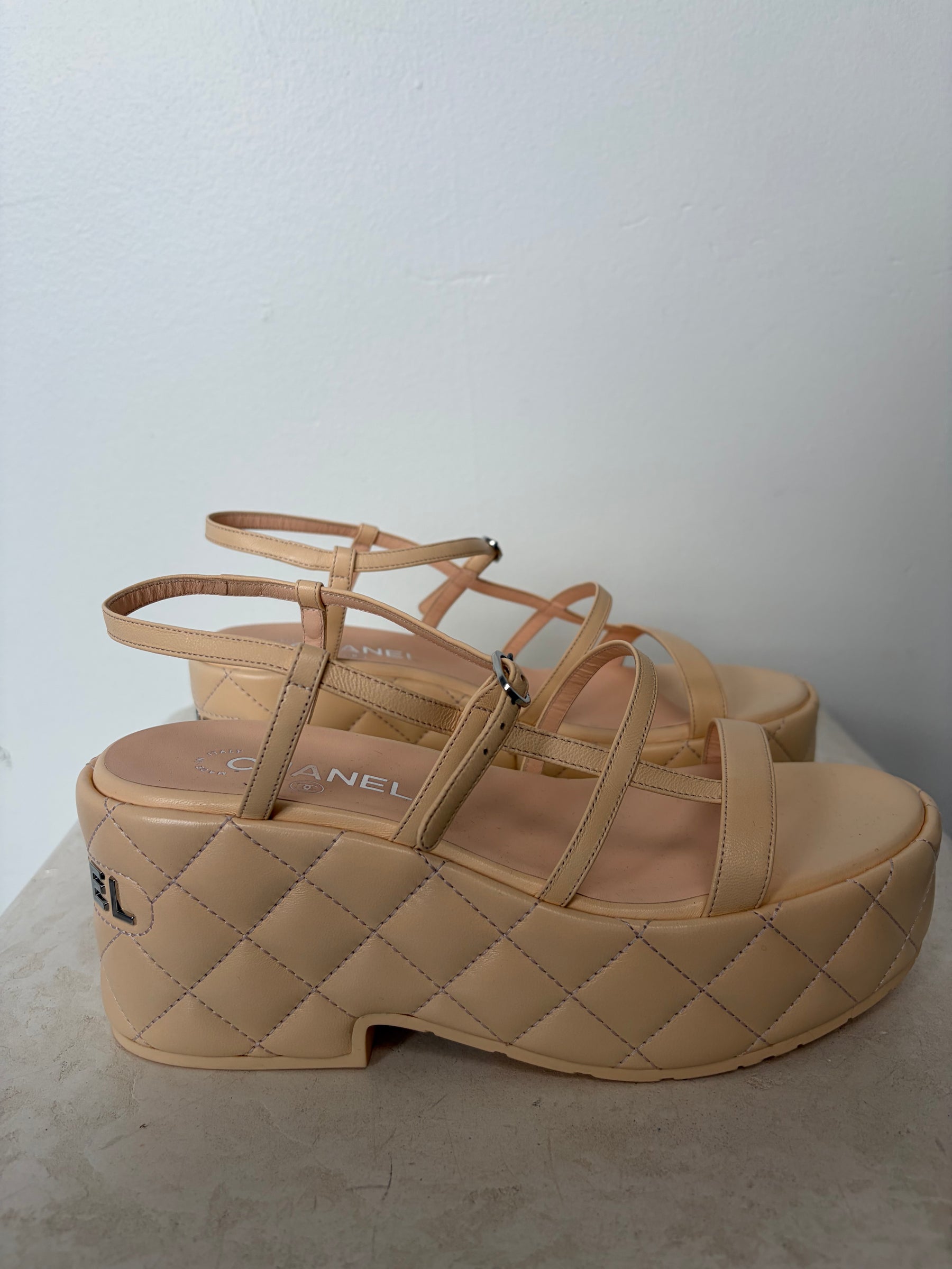 Chanel Pale Peach Quilted Leather Platform Sandals, 39 C