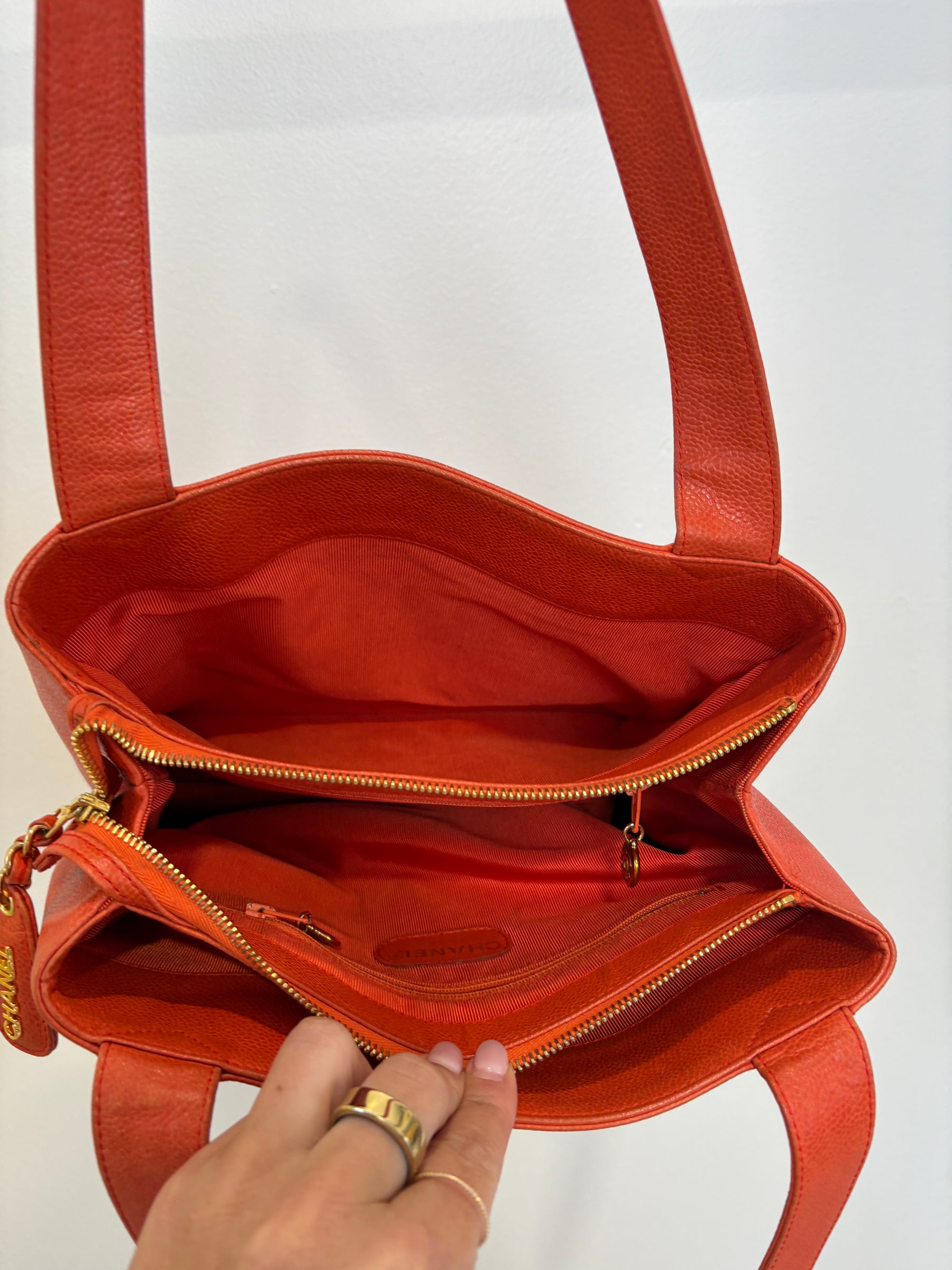 Chanel Orange Caviar Leather Logo Shopper Tote