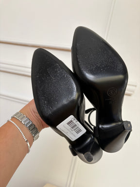 Chanel Black Leather Bow Ankle Slingback Heels, 38C