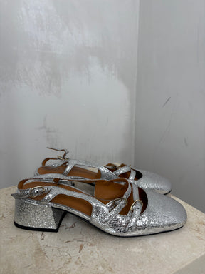 Sézane Silver Crackled Leather Heeled Mary Janes, 38