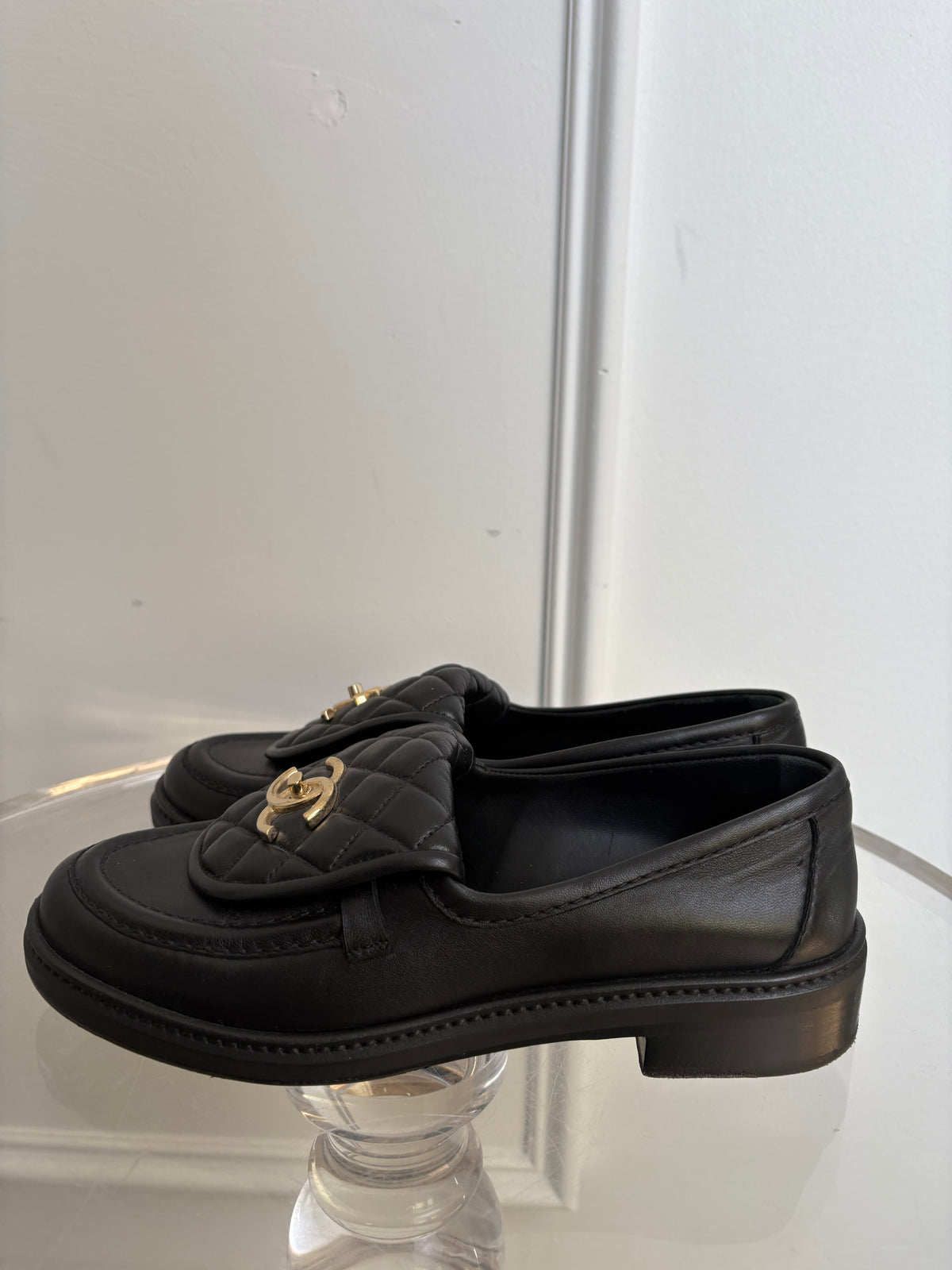 Chanel Black Quilted Leather Turnlock Loafers, 36.5