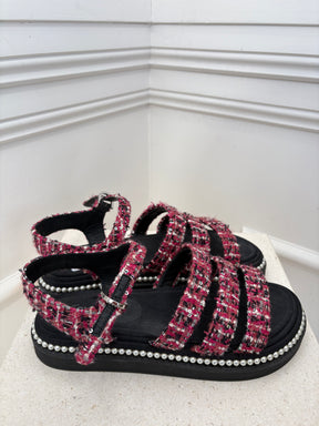 Chanel Black and Pink Tweed Pearl Detail Sandals, 38 C