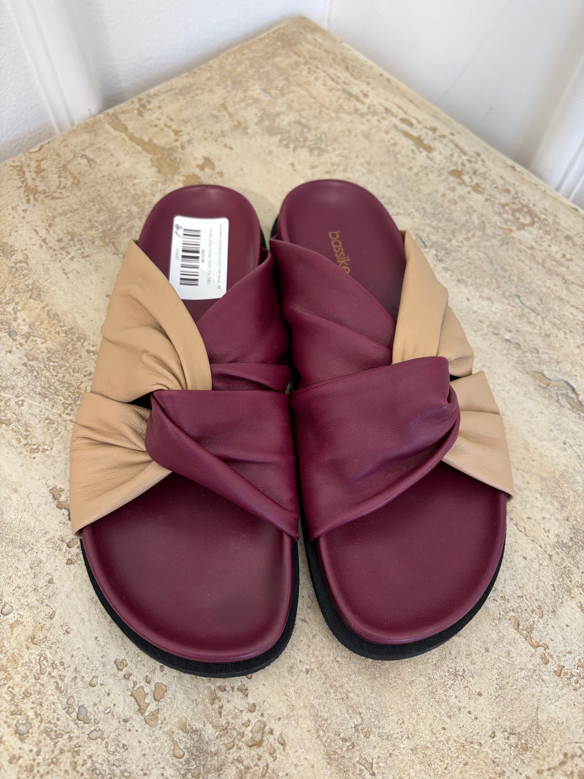 bassike Biege and Burgundy Leather Twist Slides, 38