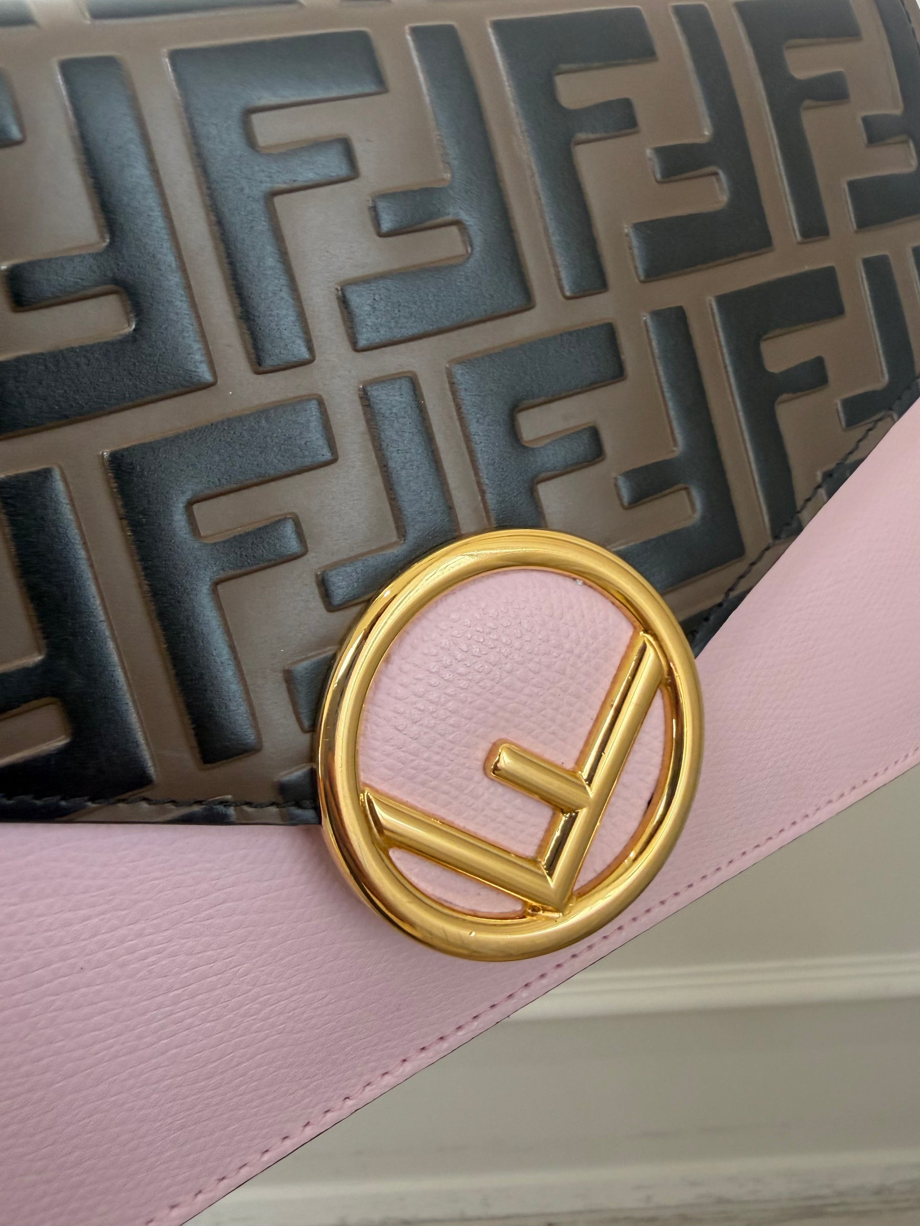 Fendi Pink and Brown Monogram Leather Envelope Wallet on Chain