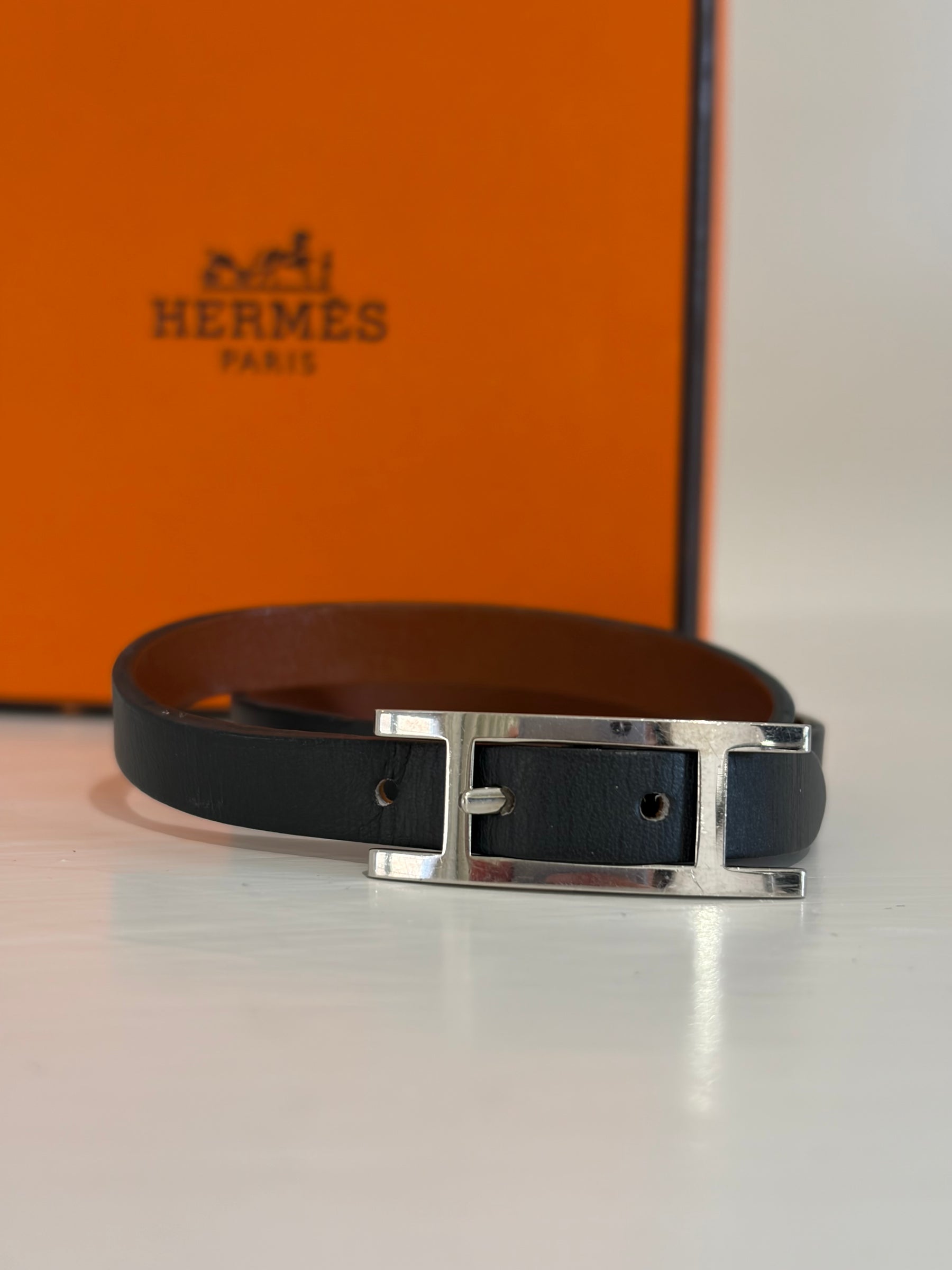 Hermès Black Leather Behapi Double Tour Bracelt