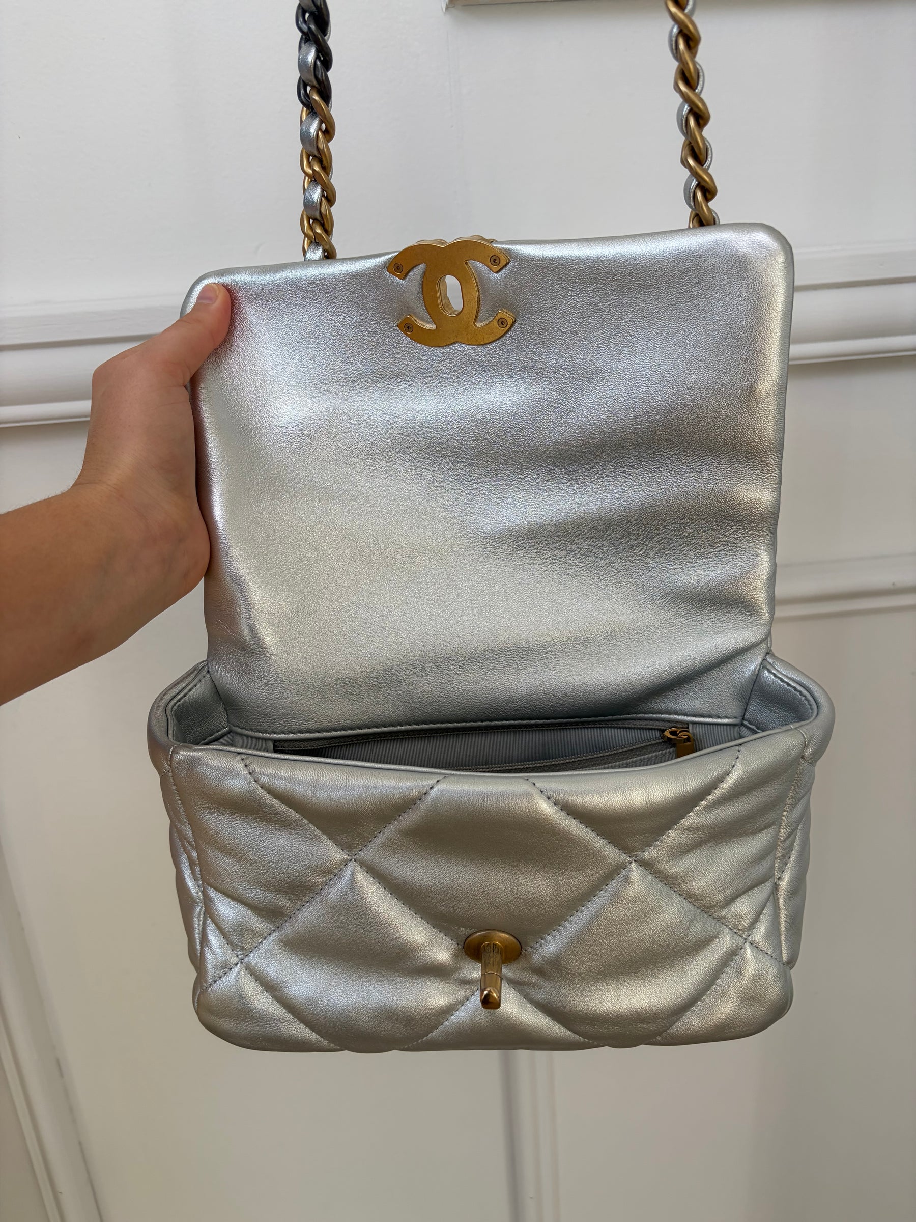 Chanel 19 Silver Lambskin Bag