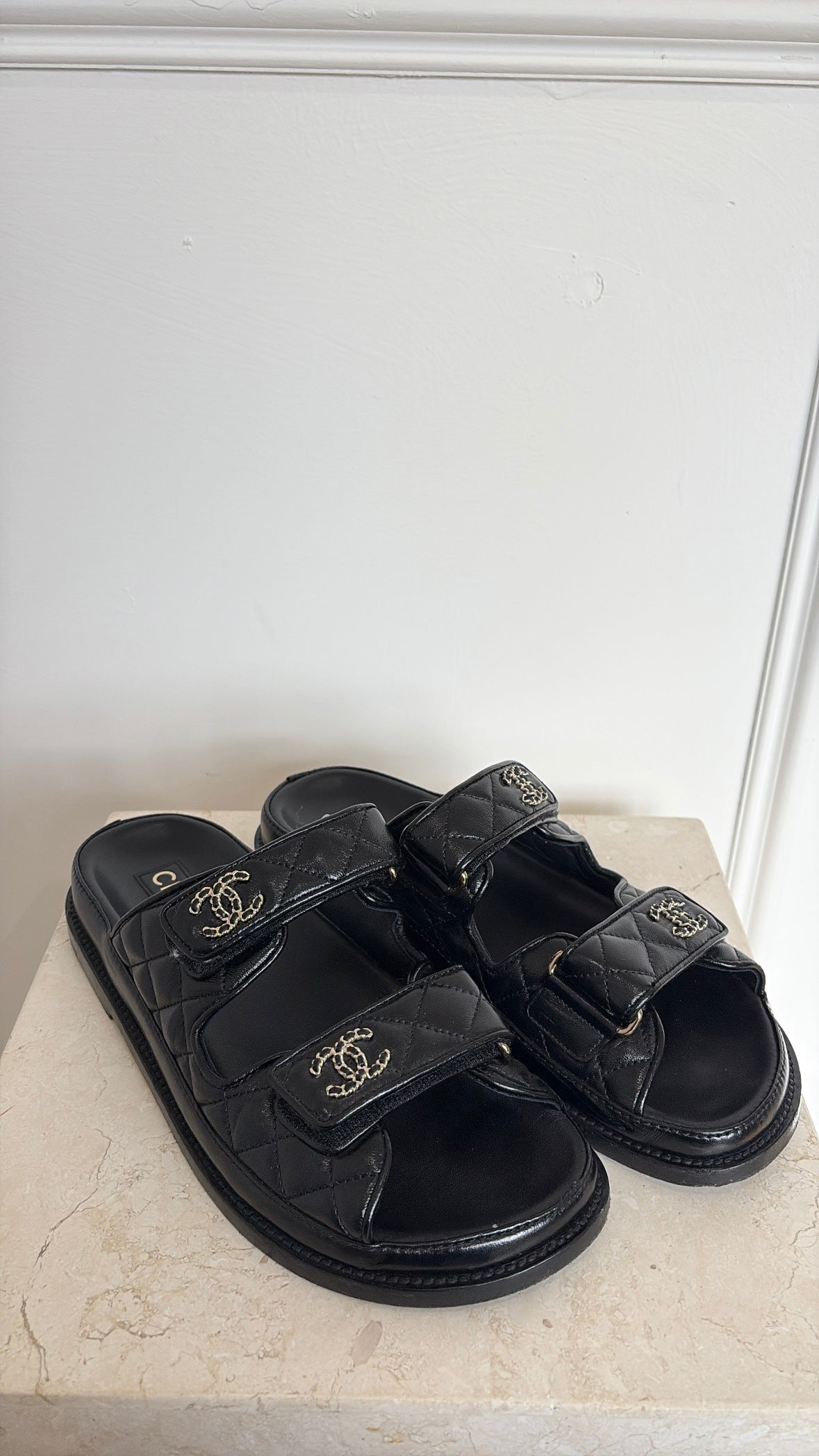 Chanel Black Quilted Leather Dad Sandal Slides, 38C
