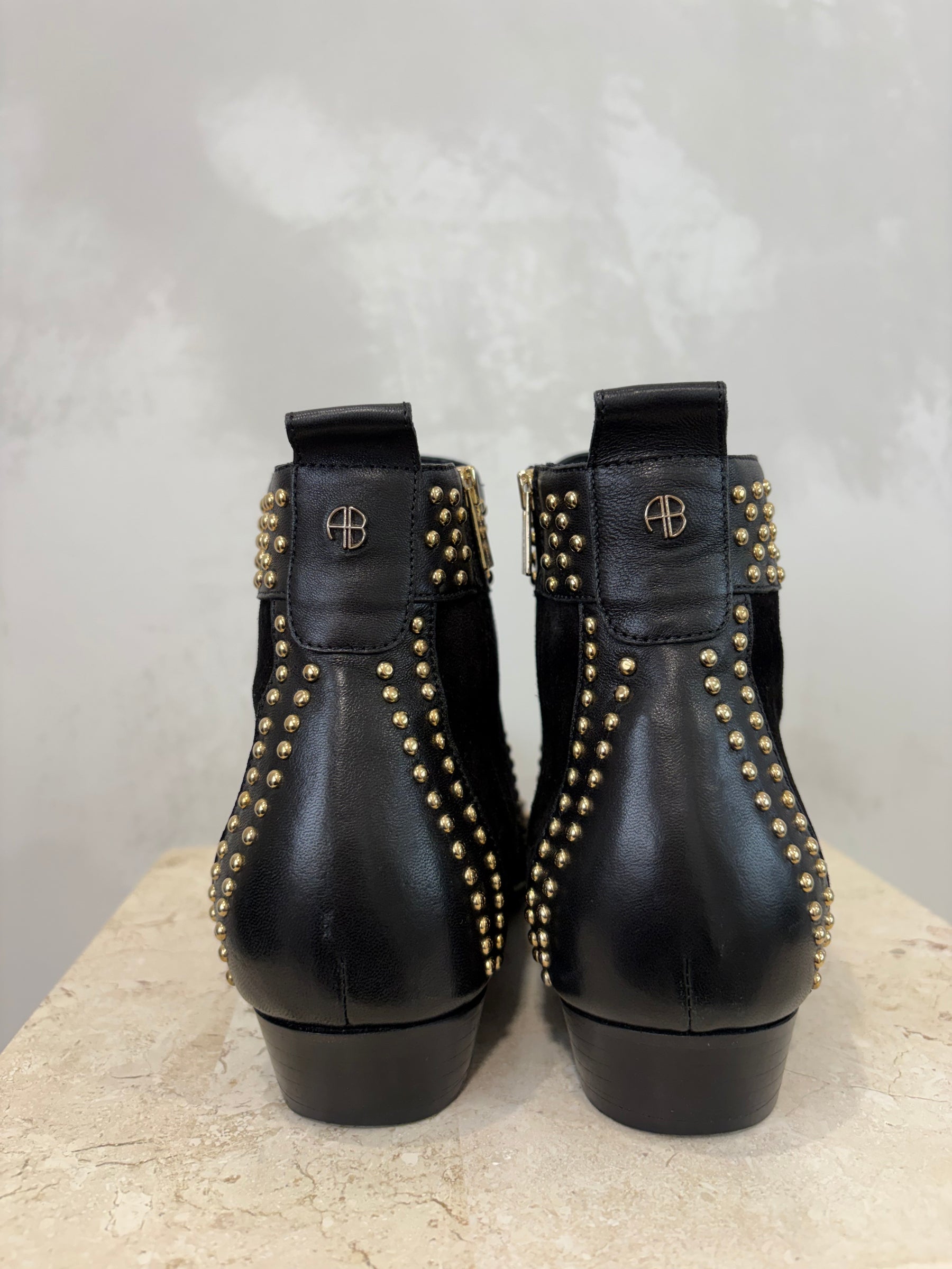 Anine Bing Black Leather and Suede Gold Studded Boots, 40