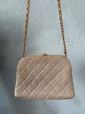 Chanel Beige Lambskin Leather Kisslock Dome Shoulder Bag