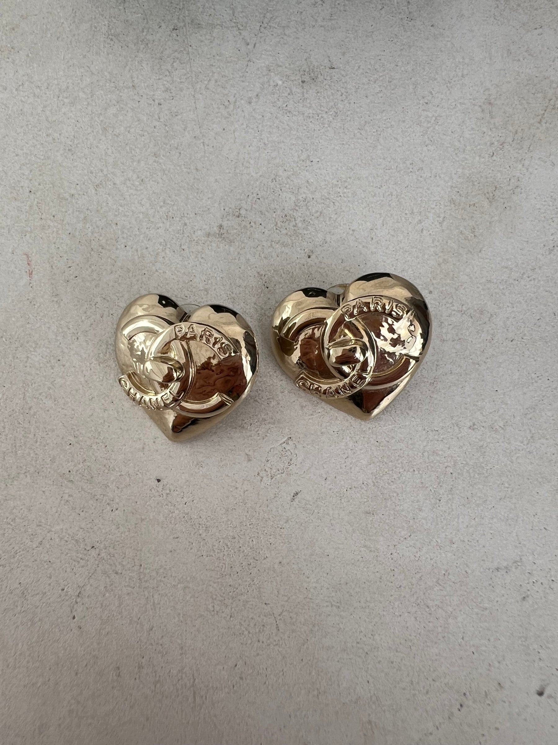 Chanel Gold Heart CC Metal Stud Earings