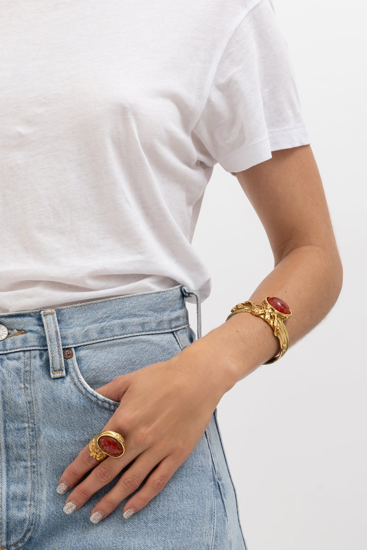 Red Cabochon Arty Ring & Bracelet Set