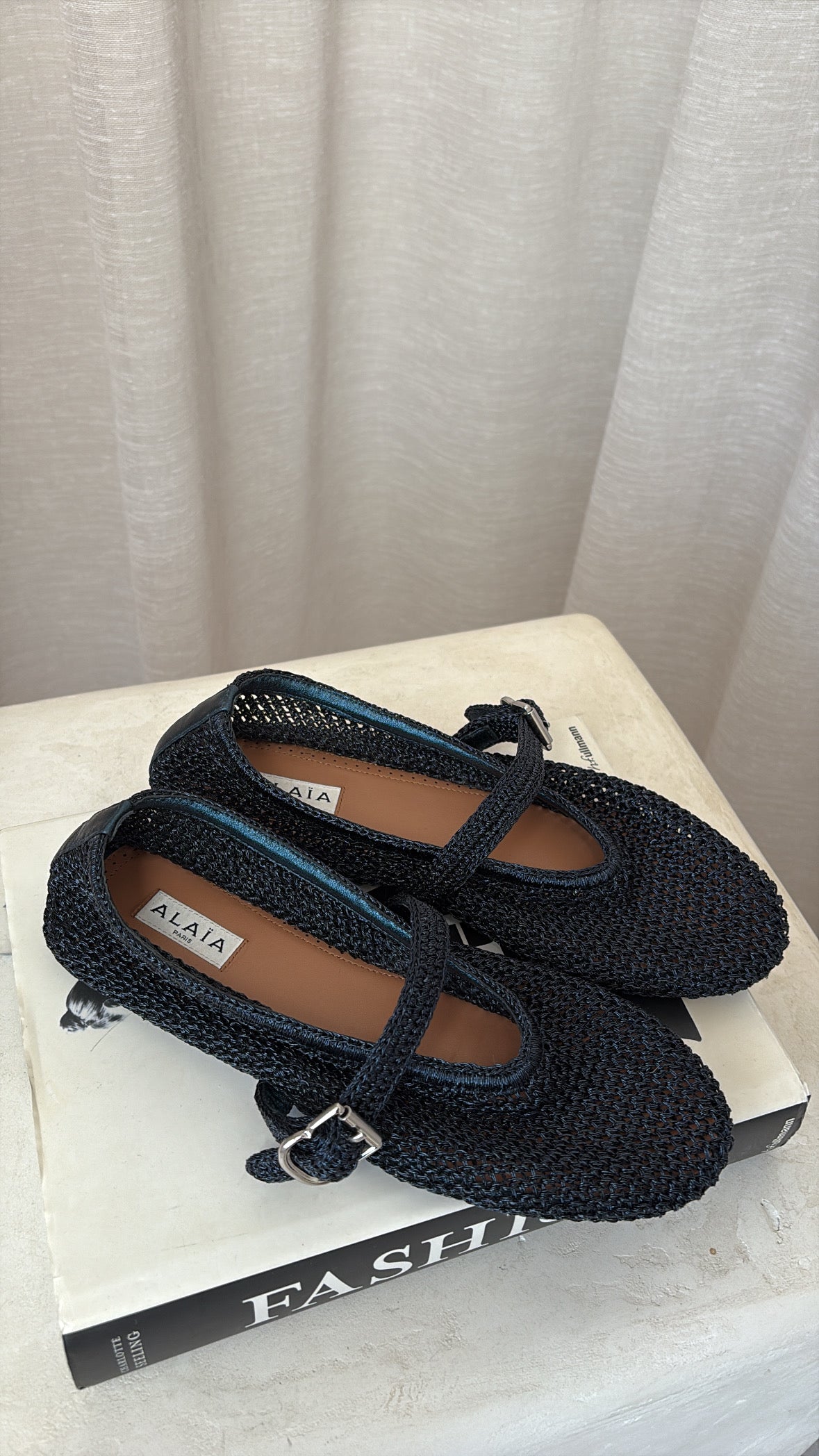 Alaïa Navy Metallic Crochet Ballet Flats, 38