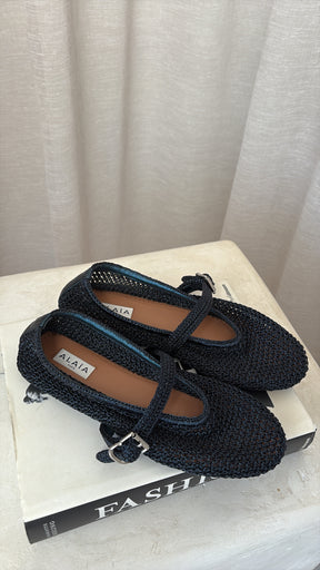 Alaïa Navy Metallic Crochet Ballet Flats, 38