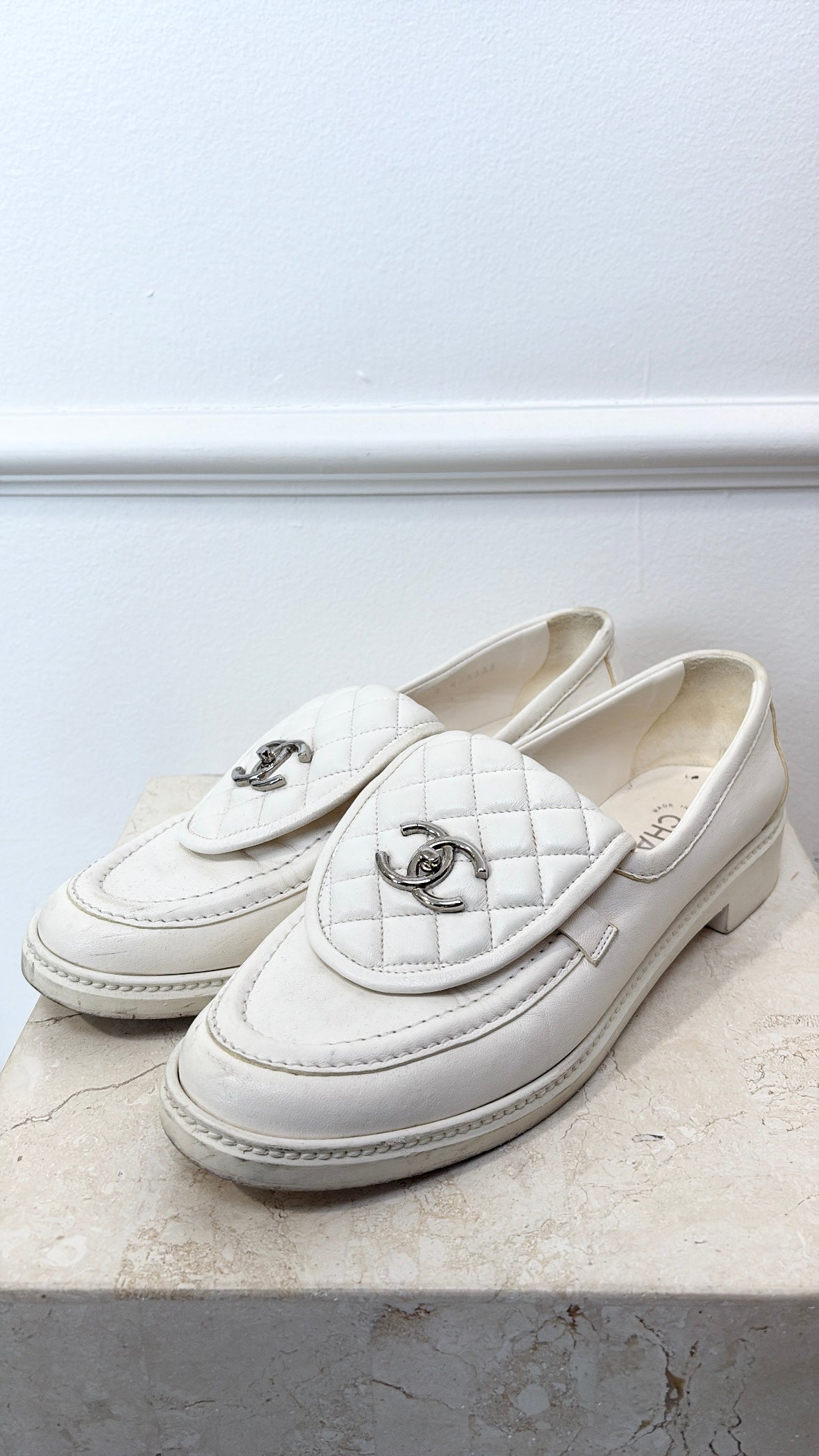 Chanel Turnlock Loafers In White, 42