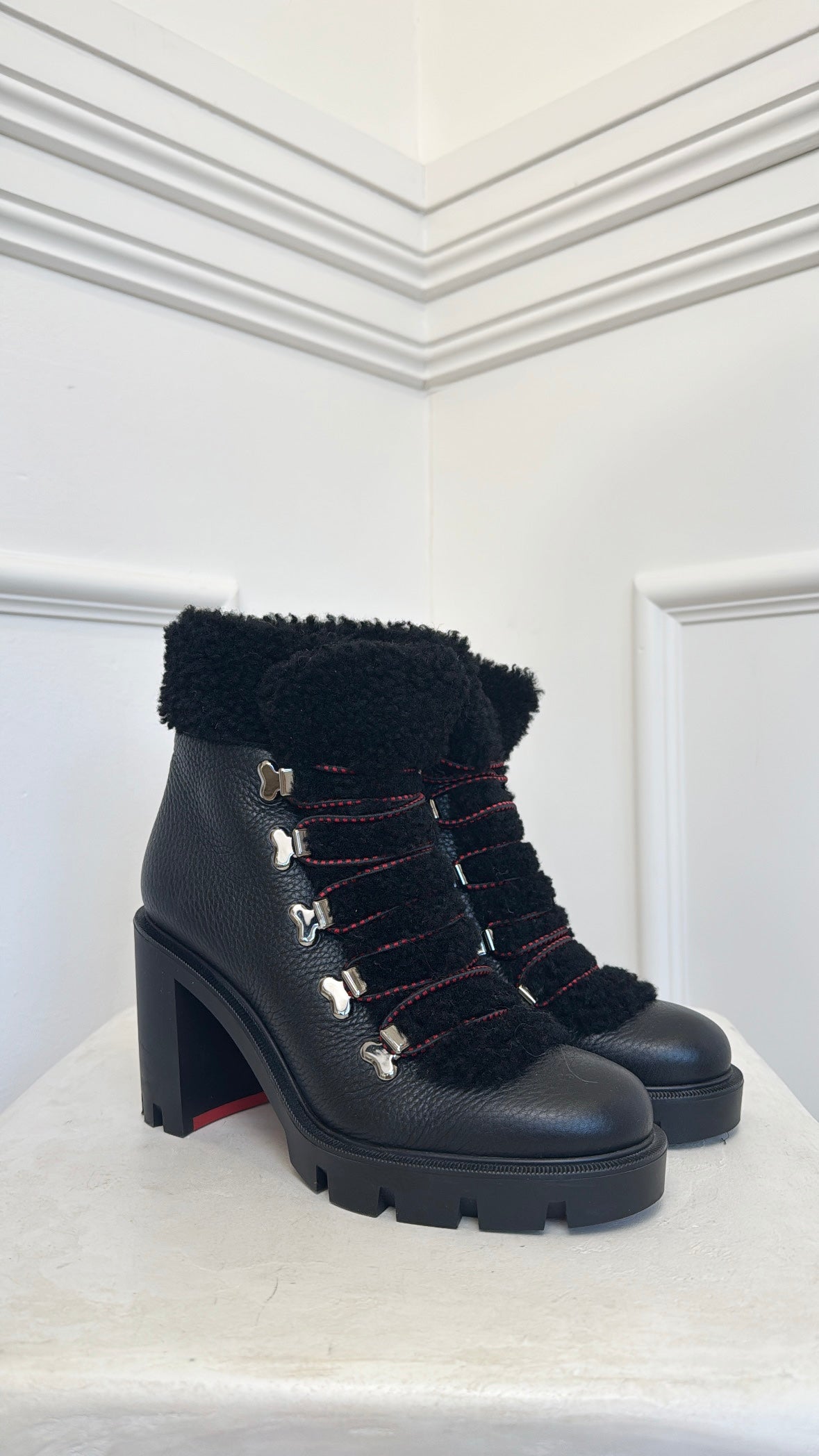 Christian Louboutin Black Leather and Shearling Heeled Ankle Boot, 38