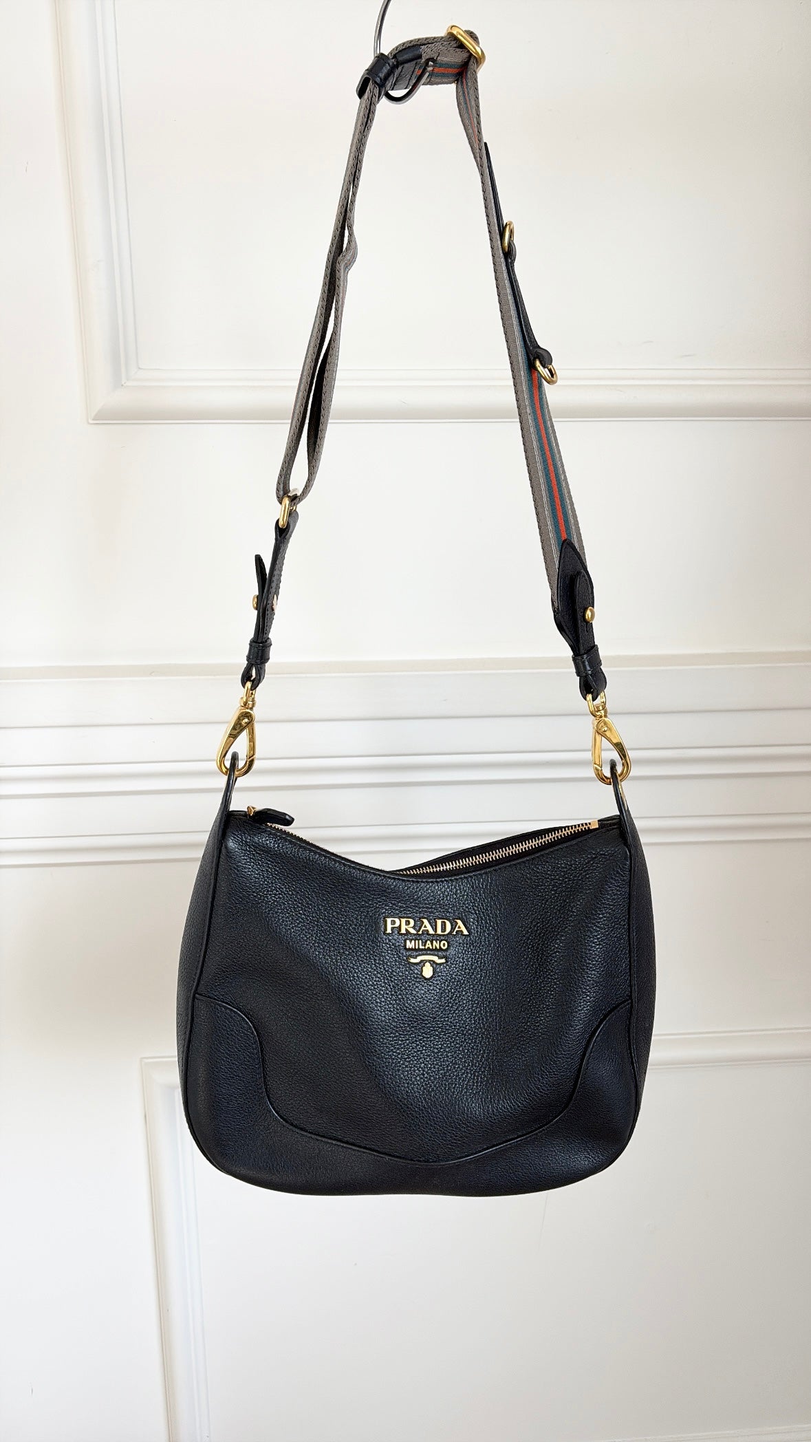 Prada Grained Leather Bag With Webbing Crossbody Strap