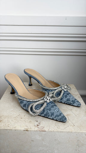 Mach & Mach Blue Lace Crystal Bow Pointed Mule, 39