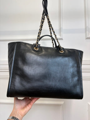 Chanel Black Leather Deauville with Tweed Logo and Lining