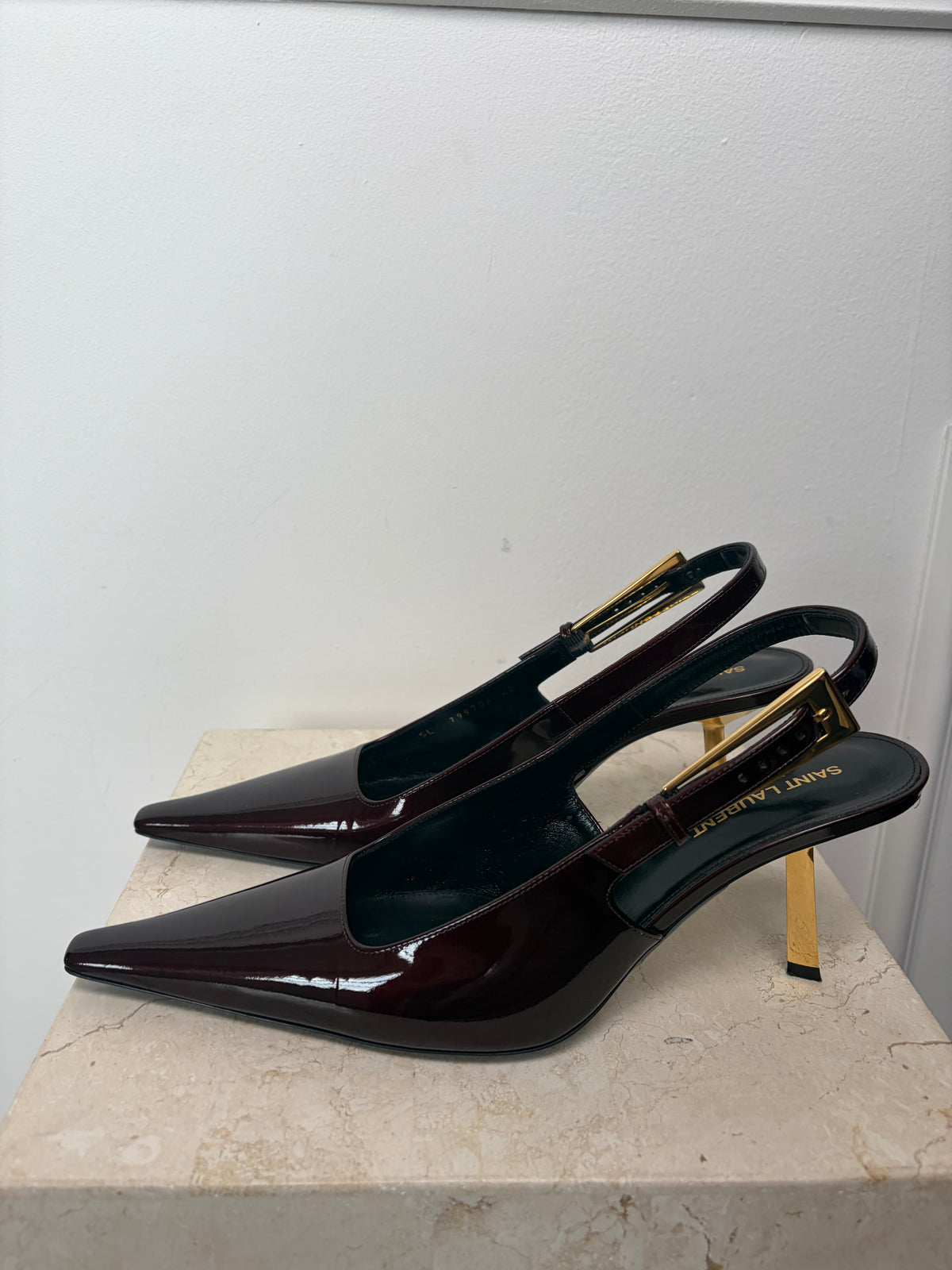 Saint Laurent Deep Burgundy Patent Slingback Pumps, 40