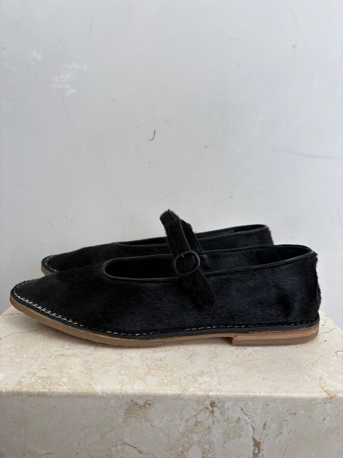 Hereu Black Pony Hair Mary Jane Flats, 37