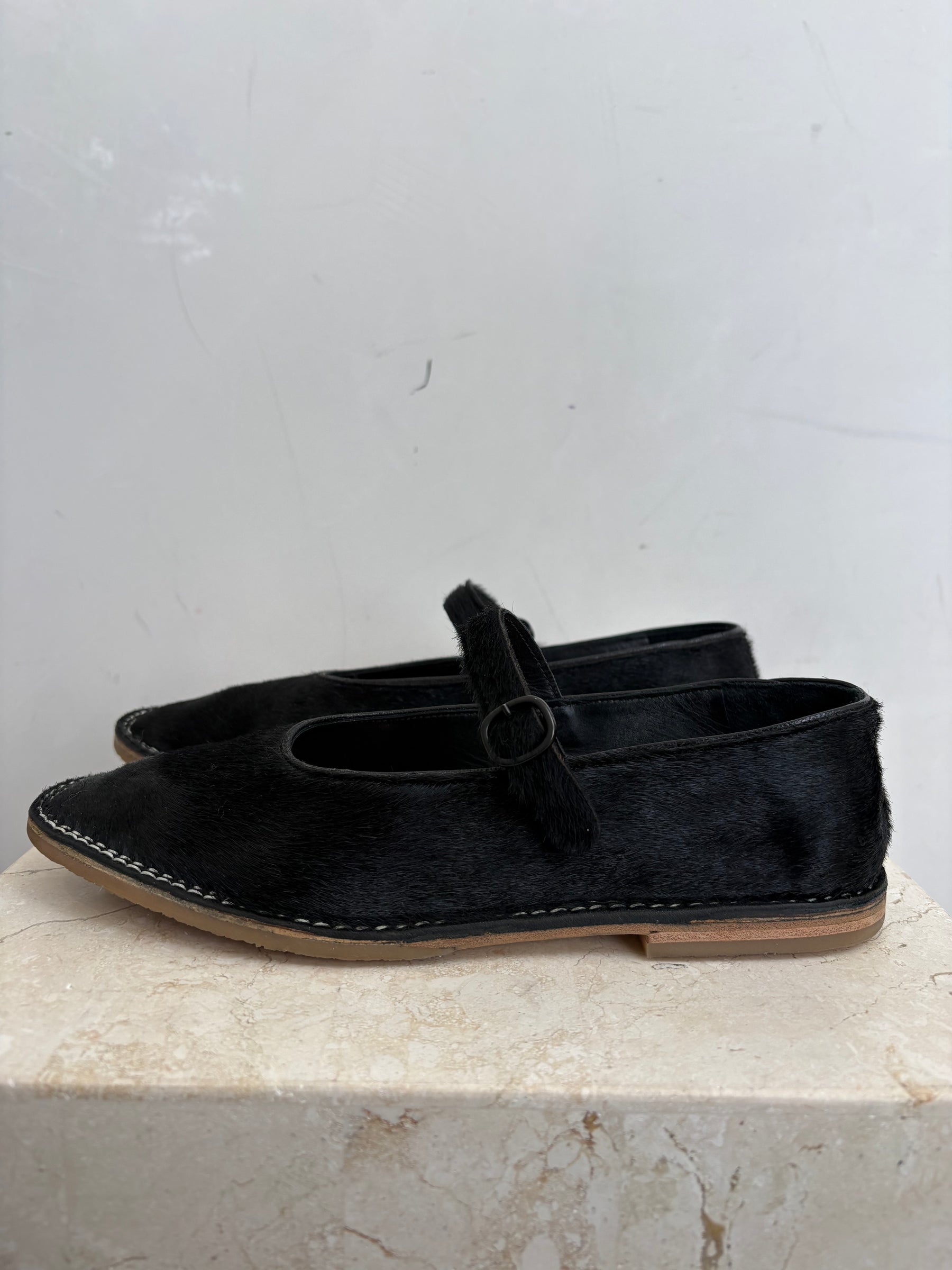Hereu Black Pony Hair Mary Jane Flats, 37