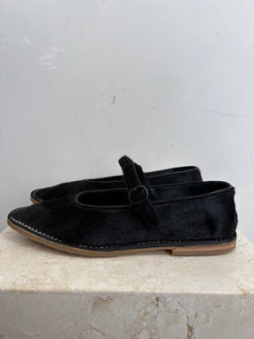 Hereu Black Pony Hair Mary Jane Flats, 37