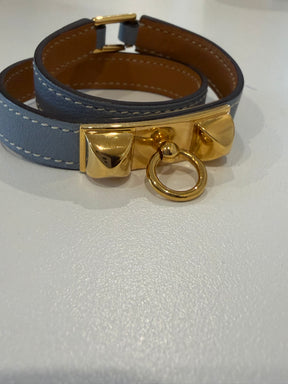 Hermès Blue Leather Rivale Wrap Bracelet, XS