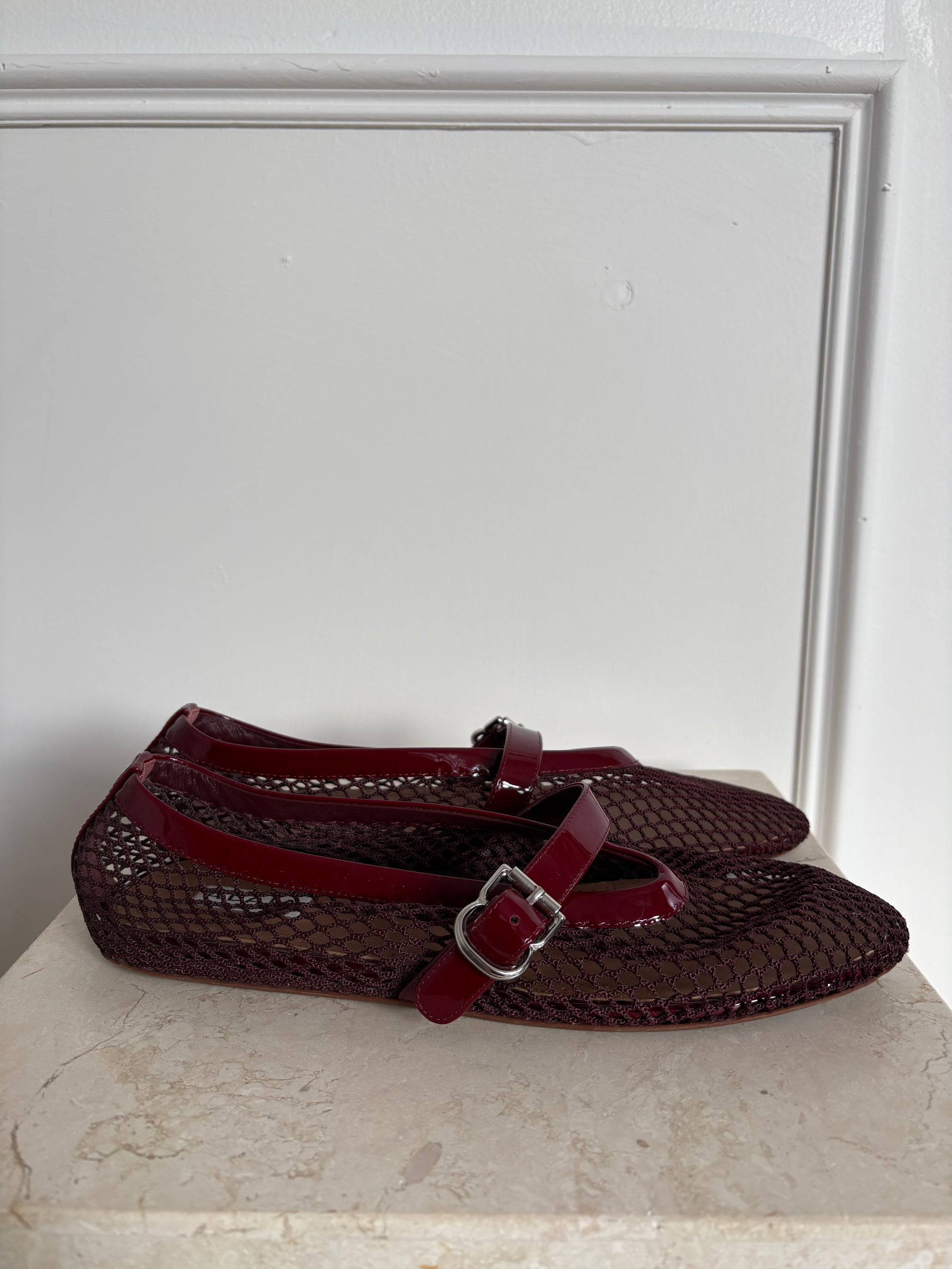 Alaïa Burgundy Fishnet Ballet Flats, 39