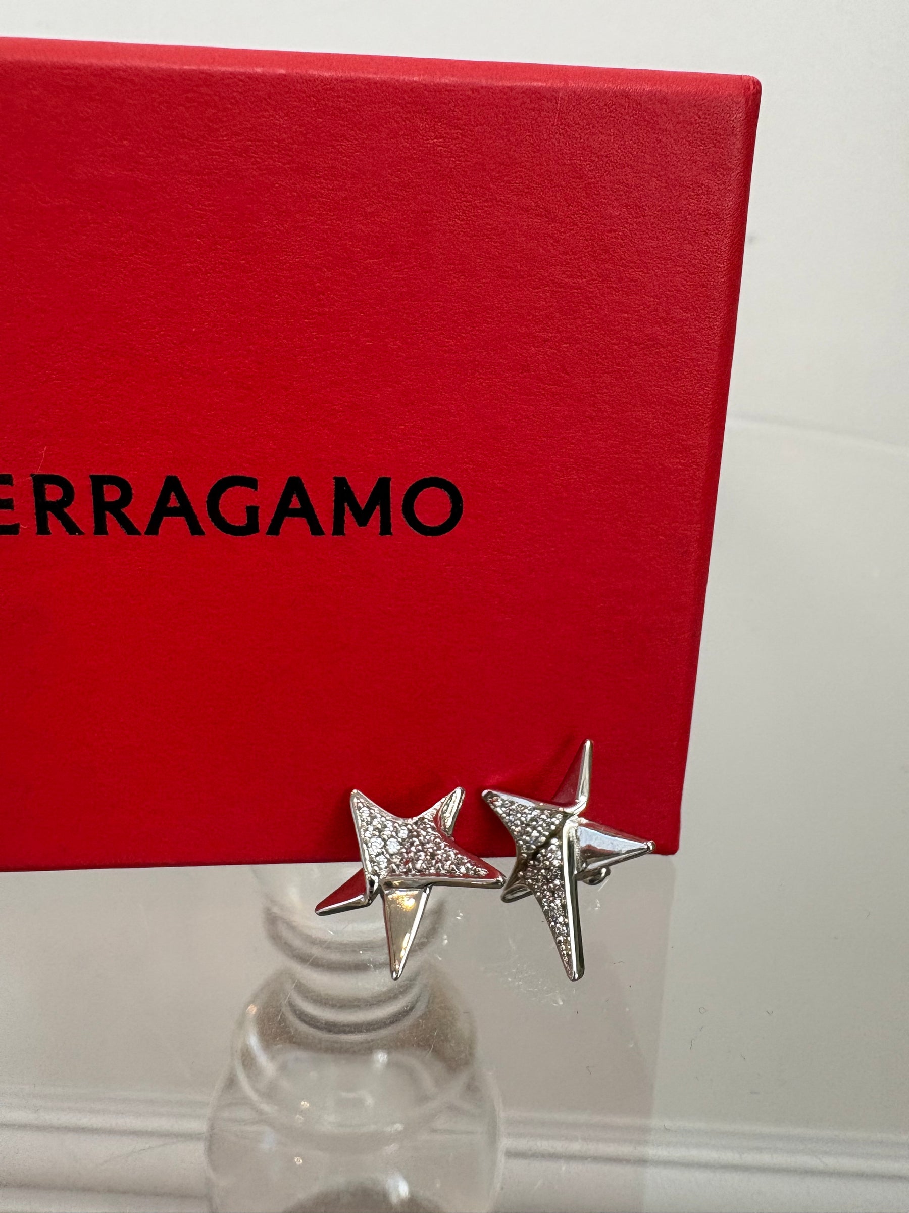 Ferragamo Silver and Crystal Star Stud Earrings