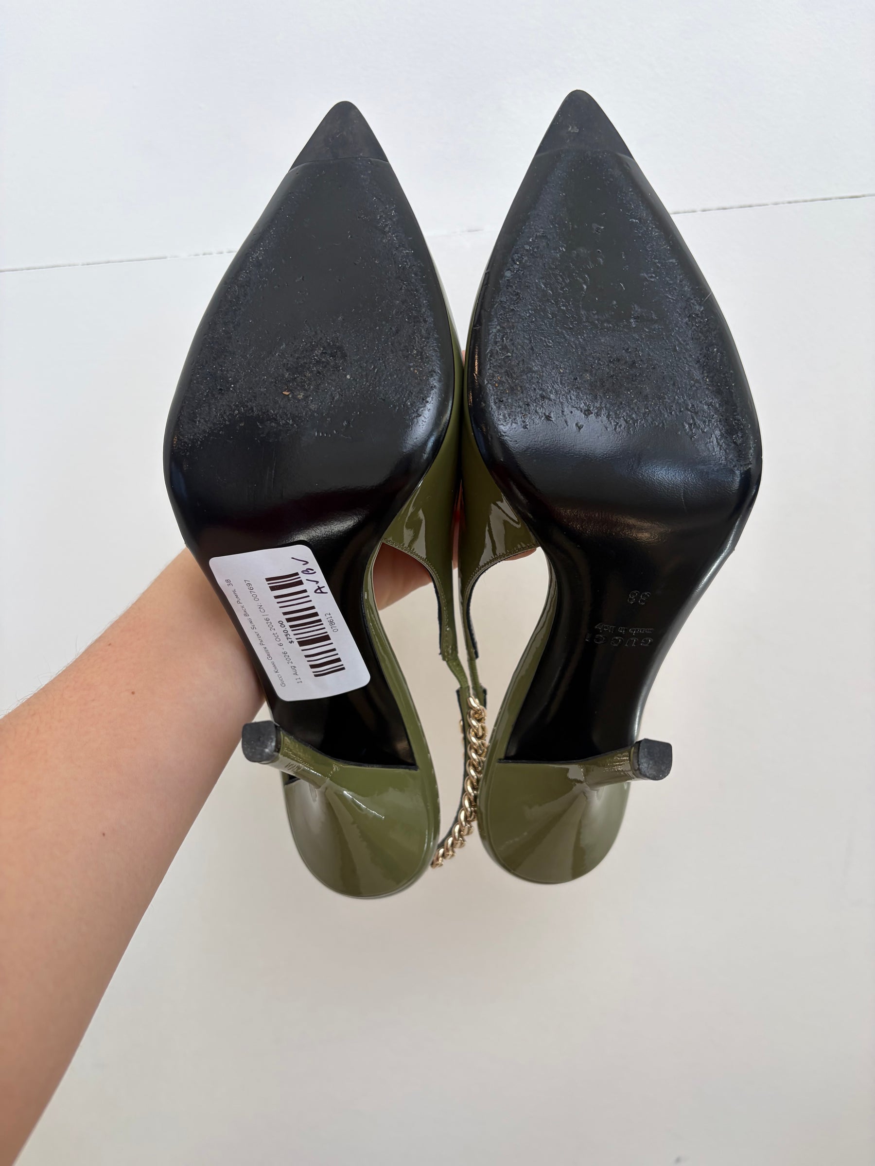 Gucci Khaki Green Patent Sling Back Pumps, 38