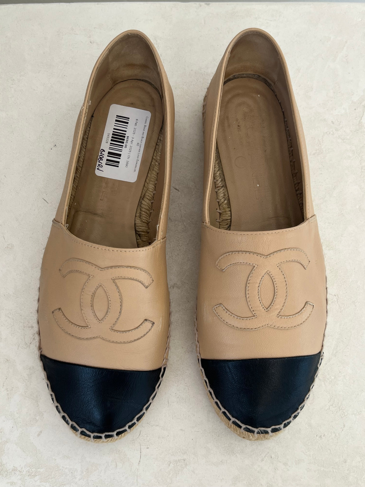 Chanel Beige and Black Leather Logo Espadrilles, 40