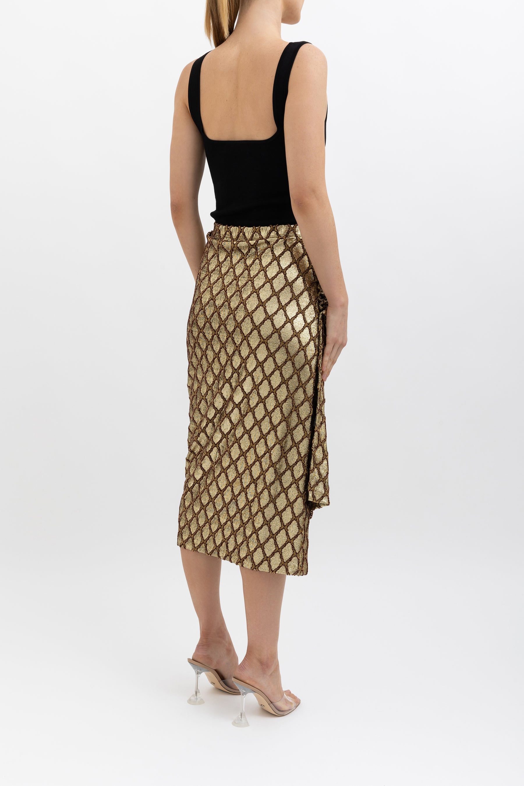 Asymmetric Pleated Metallic Fil Coupé Jacquard Midi Skirt