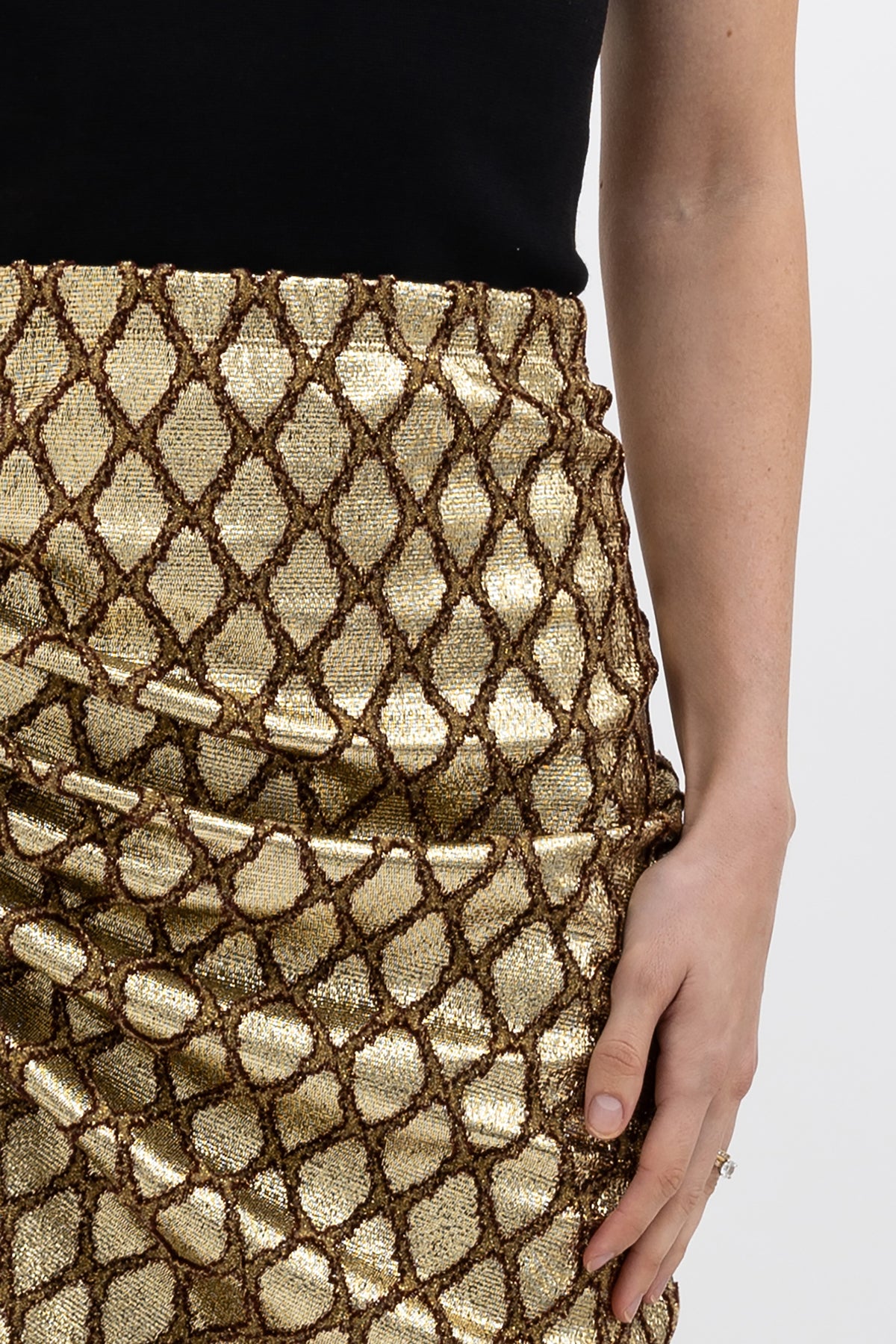 Asymmetric Pleated Metallic Fil Coupé Jacquard Midi Skirt
