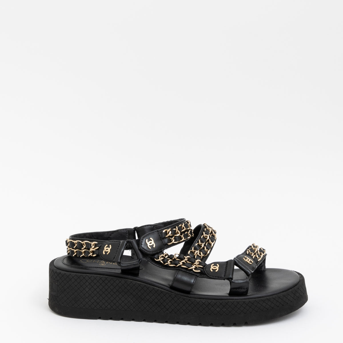 Chanel Black Leather Chain Platform Chunky Sandals