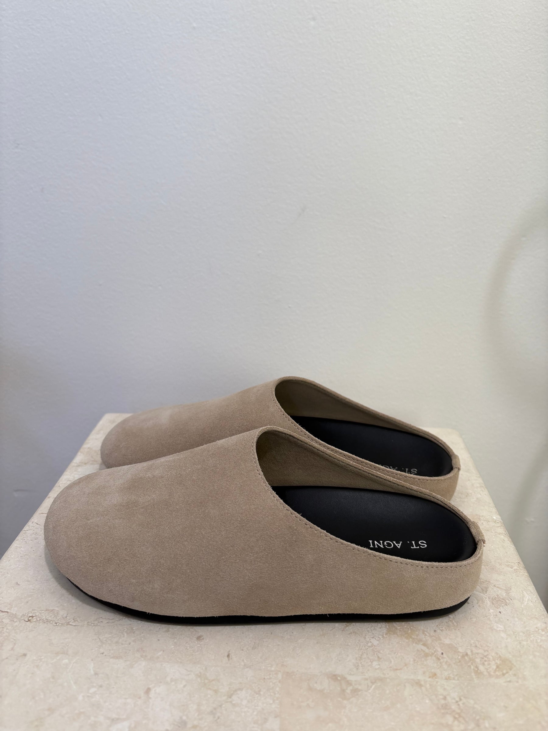 St. Agni Stone Suede Clog Mules, 36